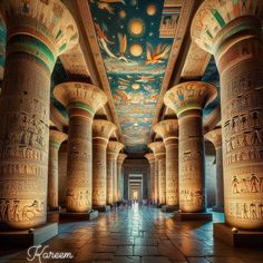 the interior of an ancient egyptian temple with columns and paintings on the ceiling, in egypt