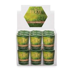 six root teas in a display case with the box open and it's contents inside