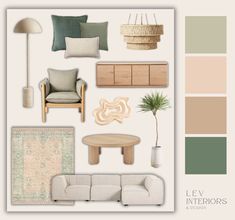 a living room filled with lots of furniture and decor items in shades of beige, green,