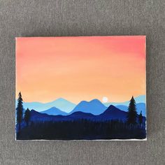 an acrylic painting of mountains and trees with the sun setting in the distance