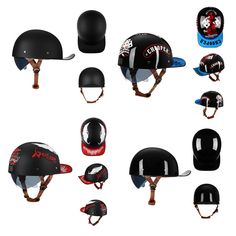 several different types of helmets are shown in this image