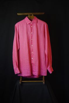 "Men's pink linen shirt with metallic pin stripe, made in Sweden. Described as contemporary fit and is tagged 42\" chest, 16 1/2 \" neck and is 27\" long. In good condition ." Pink Linen Long Sleeve Shirt, Pink Long Sleeve Linen Shirt, Pink Linen Shirt, English Hats, Mens Aesthetic, Linen Shirt Men, Pink Men, Mens Linen, Pin Stripe