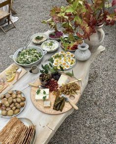 a wooden table topped with lots of different foods and vegetables next to a potted plant