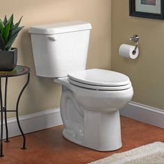 a white toilet sitting in a bathroom next to a small table with a potted plant on it