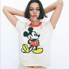 Nwt Size Small Disney Style Mickey Mouse Round Neck T-Shirt With Short Sleeves Front Mickey Mouse Disney Embroidered Detailing Zara Disney, Zara Looks, Peanuts T Shirts, Mickey Mouse T Shirt, Mickey Mouse Shirts, Disney T, Tunic Tank Tops, Ribbed Knit Top, Disney Tshirts