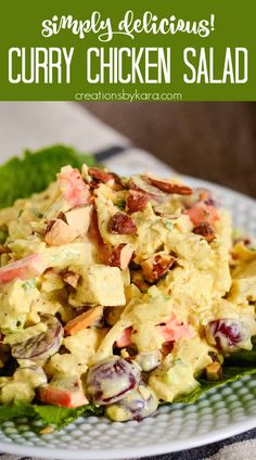 a salad on a plate with lettuce and other vegetables in the background text reads simple delicious curry chicken salad