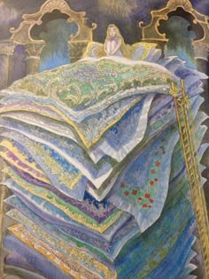 a painting of a woman sitting on top of a bed covered in blankets and pillows