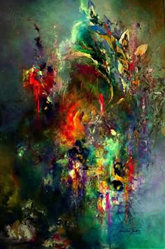 an abstract painting with many colors and shapes