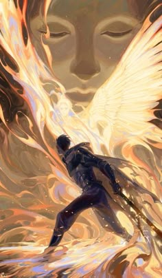 an artistic painting of a man with wings on his head and body surrounded by flames