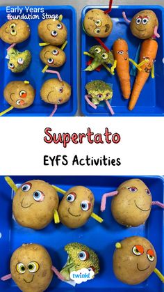 two pictures of different types of vegetables and the words supertat to eyes activities on them