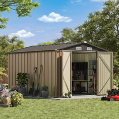 a garage with a lawn mower in front of it