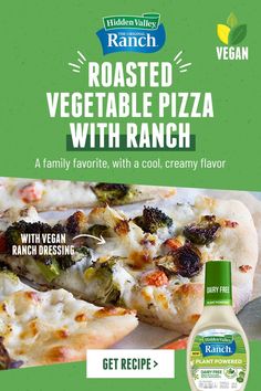 an ad for frozen veggie pizza with ranch dressing on the front and side