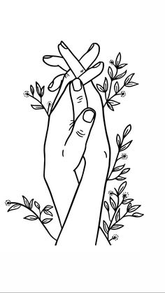 a drawing of two hands holding each other with leaves on the bottom and one hand in the middle