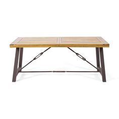 a wooden table with metal legs on a white background