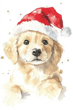 a watercolor painting of a puppy wearing a santa hat