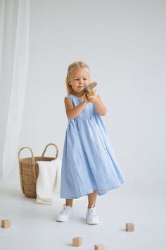 "✈    FREE WORLDWIDE EXPRESS DELIVERY FOR ALL ORDERS OVER 100 EUR (except for remote areas and Australia)! 🎁  FREE tea towel gift for all orders over 100 EUR value! Light Blue Girls Linen Dress / Linen Sleeveless Dress This simple and cozy linen girl sleeveless dress with ruffles and buttoned back is made of high-quality, pure and natural European linen. This handmade and sustainable item is softened and looks better and better with age and every wash.  * 100% pure and natural medium weight Eur Linen Summer Dress Kids, Linen Summer Dress, Stephanie Johnson, Sleeveless Linen Dress, Tea Towel Gift, Linen Summer, Free Tea, Dress Linen, European Linens