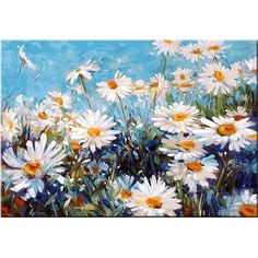 a painting of white daisies on a blue and purple background with the words ebay