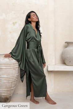 Silk Kimono Robe, Satin Silk Robes for Women Bridesmaid Silk Dressing Gown Long Silk Robe, Plus Size Satin Robe Maxi Emerald Green Nightwear - Etsy Luxury Belted Robe For Daywear, Sheer Robe Green, Womens Robe Romantic, Black Satin Robe Shein, Night Gowns With Robes, Draped Collar Wrap Satin Cami Dress With Cardigan, Luxury Satin Finish Robe For Women, Luxury Chic Party Robe, Luxury Art Silk Sets For Festive Season