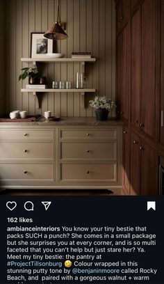 an image of a kitchen with cabinets and shelves on it's sides, the caption says