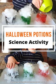 a young boy in striped shirt pouring liquid into plastic cups with text overlay that reads halloween potions science activity