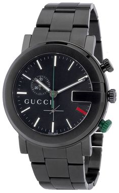 YA101331 GUCCI G-CHRONO ROUND MEN'S CASUAL WATCH FOR SALE Usually ships within 6 months | Click to View In Stock Watches on Sale - Free Overnight Shipping - With Manufacturer Serial Numbers - Swiss Made - Black Dial - Index Hour Markers - Chronograph Feature     Large Central Chronograph Seconds Hand     30 Minute Counter Sub-Dial at 10 O'Clock - Small Seconds Sub-Dial at 6 O'Clock - Battery Operated Quartz Movement - 3 Year Warranty - Guaranteed Authentic - Certificate of Authenticity - Manufacturer Box & Manual - Black PVD Stainless Steel Case - Black PVD Stainless Steel Bracelet - Scratch Resistant Sapphire Crystal - 30 Meters / 100 Feet Water-Resistant - 44mm = 1 3/4" Case, 7" Adjustable Bracelet - Fixed Bezel - Luminescent Hands - Push & Pull Crown - Black PVD Stainless Steel Deployme Mens Casual Watches, Chrono Watches, Gucci Watch, Casual Watches, Watch Model, Black Stainless Steel, Stainless Steel Watch, Gucci Men, Luxury Watch