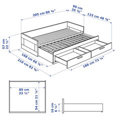 a drawing of a bed with drawers and measurements for the bottom drawer, side view