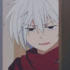 an anime character with white hair and black eyes looking out the window at something behind him