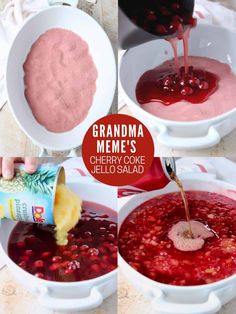 the process of making cranberry sauce is shown in three different pictures, including one being poured into a bowl and another being drizzled with liquid