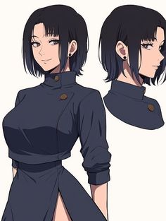 an anime character with short black hair, wearing a blue dress and high collared shirt