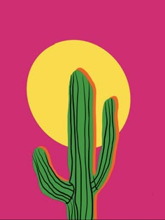 a green cactus against a pink background with the sun in the distance and half moon behind it