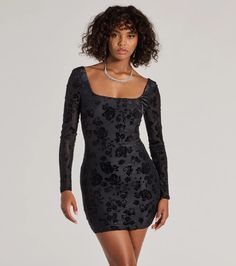 Bring the chic allure to your night out in this lined mesh mini dress designed with a floral velvet burnout pattern that will turn heads! It features a square neckline, sheer long fitted sleeves, an open lace-up back design for a customized fit, and a short bodycon silhouette.Fit & FeaturesSheer mesh fabric with partial knit lining, plenty of stretchFloral velvet burnout patternSquare necklineSheer long fitted sleevesOpen lace-up backMini-length bodycon fitRuns true to size Orange Homecoming Dresses, Purple Homecoming Dress, Backless Dress Short, Black Long Sleeve Mini Dress, Green Homecoming Dresses, White Homecoming Dresses, Lace Dress Styles, Homecoming Outfits, Red Homecoming Dresses