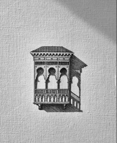 a black and white photo of a building with a balcony on the outside, drawn in pencil