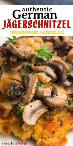 closeup of a Jagerschnitzel on a white plate Schnitzel Recipe German, Jager Snitzel Recipe, German Schnitzel With Mushroom Gravy, German Style Pork Chops, German Snitzel Dinner, Jaeger Schnitzel Recipe, Jager Schnitzel Recipe Mushroom Sauce, Yager Schnitzel Recipe