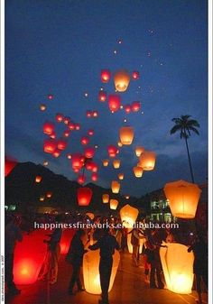 many lanterns floating in the air at night