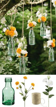 flowers in glass bottles hanging from a tree