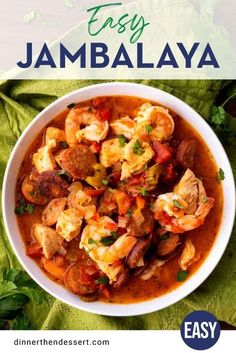 the cover of easy jambalya with shrimp and vegetables in a white bowl on a green cloth