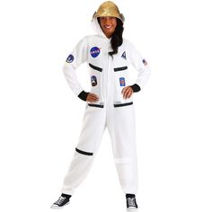 a woman in an astronaut costume standing with her hands on her hips