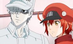 two anime characters wearing baseball caps and looking at each other