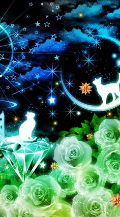 a cat sitting on top of a diamond surrounded by flowers and stars in the sky