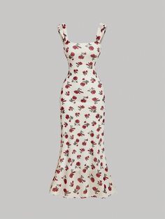 Retro Floral Square Neck Bodycon Halter Maxi Dress, Summer Midi Dress, Sexy Dress, Elegant Dress, Flowy Dress, Prom Dress Red and White Elegant  Sleeveless Knitted Fabric Floral,Fruit&Vegetable,Plants,All Over Print Cami Medium Stretch  Women Clothing, size features are:Bust: ,Length: ,Sleeve Length: White Dress Red Flowers, Tight White Dress, Floral Dress Shein, Floral Squares, Floral Retro, Midi Dress Summer, Halter Maxi Dresses, Pattern White, Red Prom Dress