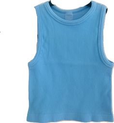 Blue Ribbed Scoop Neck Top, Basic Blue Tank Top, Trendy Blue Tank Top, Blue Ribbed Crew Neck Crop Top, Blue Ribbed Crew Neck Tank Top, Blue Ribbed Crop Top With Crew Neck, Blue Crew Neck Crop Top In Trendy Style, Blue Stretch Tank Top, Basic Blue Fitted Top