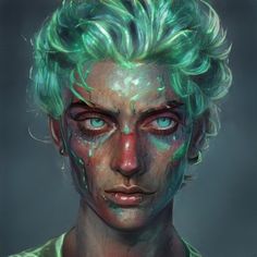 a close up of a person with green hair and blue eyes wearing makeup on their face