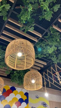 the ceiling is decorated with hanging wicker lamps and plants on it's sides