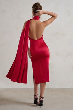 Madame Berry Red Satin Asymmetric Scarf Neck Backless Midi Dress – Club L London - USA Elegant Cape, Black Tie Events, Cape Scarf, Long Cape, Velvet Prom Dress, Backless Midi Dress, Black Tie Gala, Scarf Neck, Asymmetric Neckline