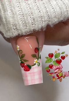 Strawberry Picnic Nails, Fruit Basket Nails, Nails Strawberry Shortcake, Strawberries And Cream Nails, Strawberry Shortcake Inspired Nails, Chocolate Covered Strawberry Nails, Strawberry Shortcake Nails Designs, Fruit Summer Nails, Strawberry Shortcake Nails Acrylic