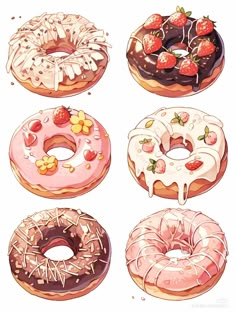 six donuts with different toppings on them are shown in this cartoon style illustration