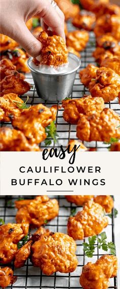 easy cauliflower buffalo wings on a cooling rack with the title text overlay