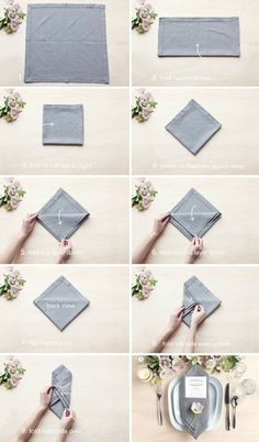 how to fold a napkin on top of a table with flowers in the middle and instructions