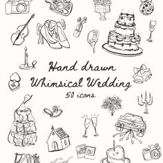 hand drawn wedding illustrations with the words, and images in black ink on white paper