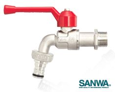 a red and silver faucet sitting on top of a white background with the words sanwa above it